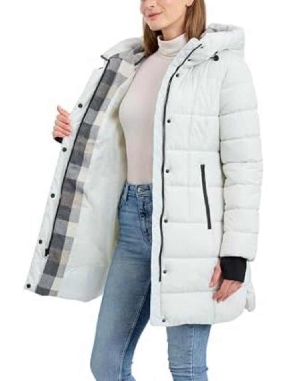 Heavyweight Plaid Hooded Puffer Jacket for Women - Warm & Stylish Outerwear - Picture 2 of 4